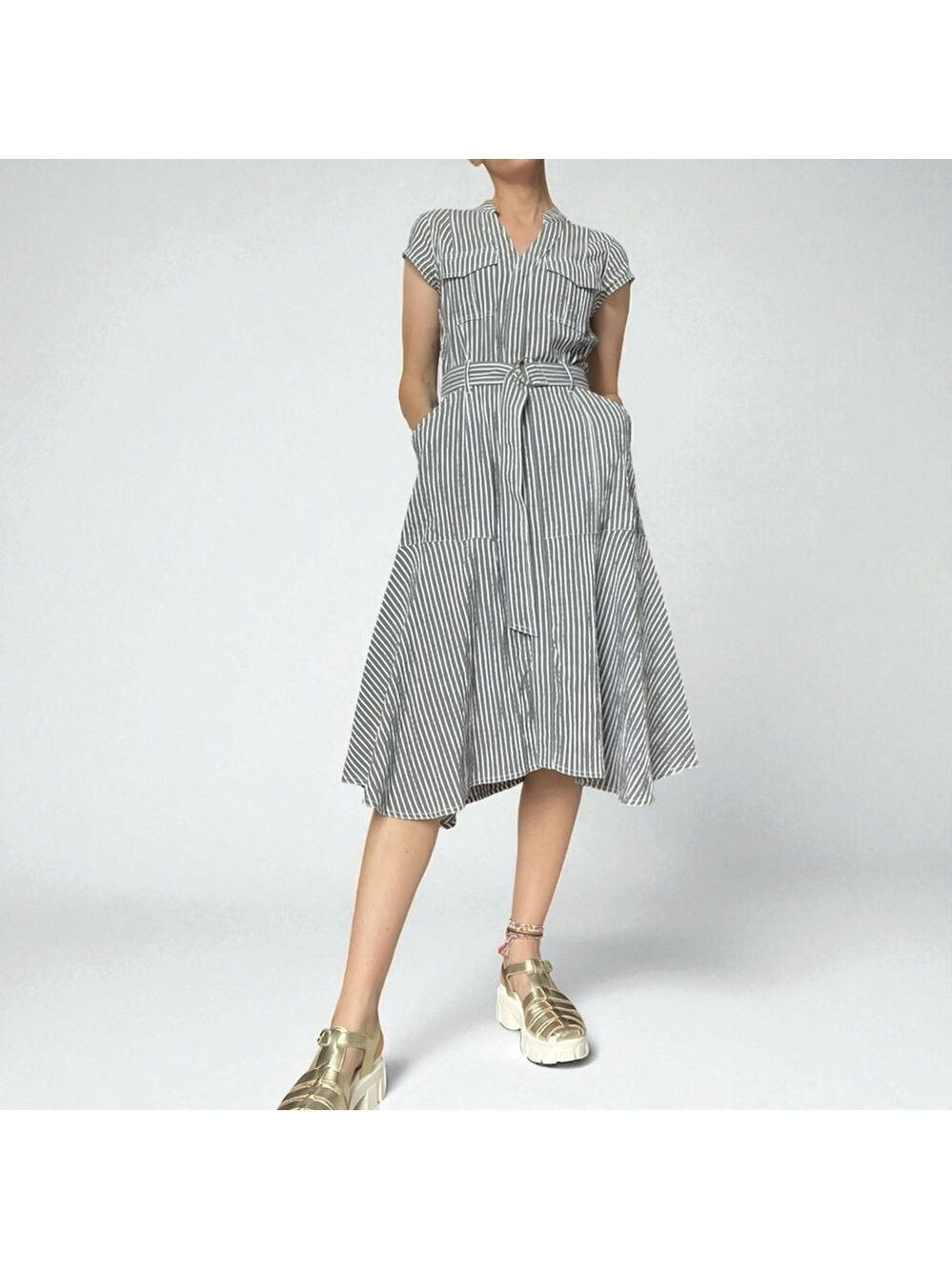 White House Black Market Striped Gray & White Midi Dress Seersucker Shirtdress